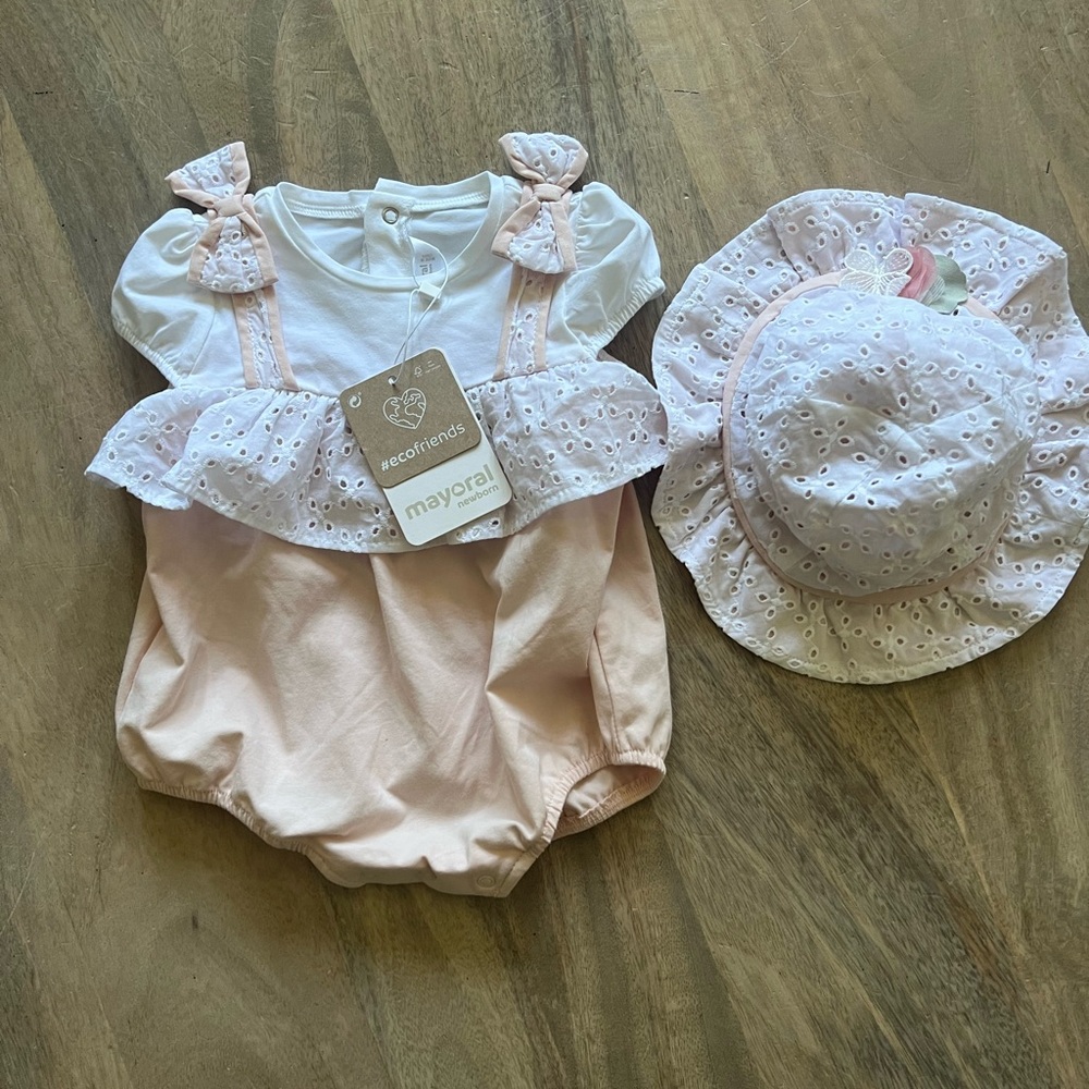 Mayoral Baby Pink Romper and Hat Set